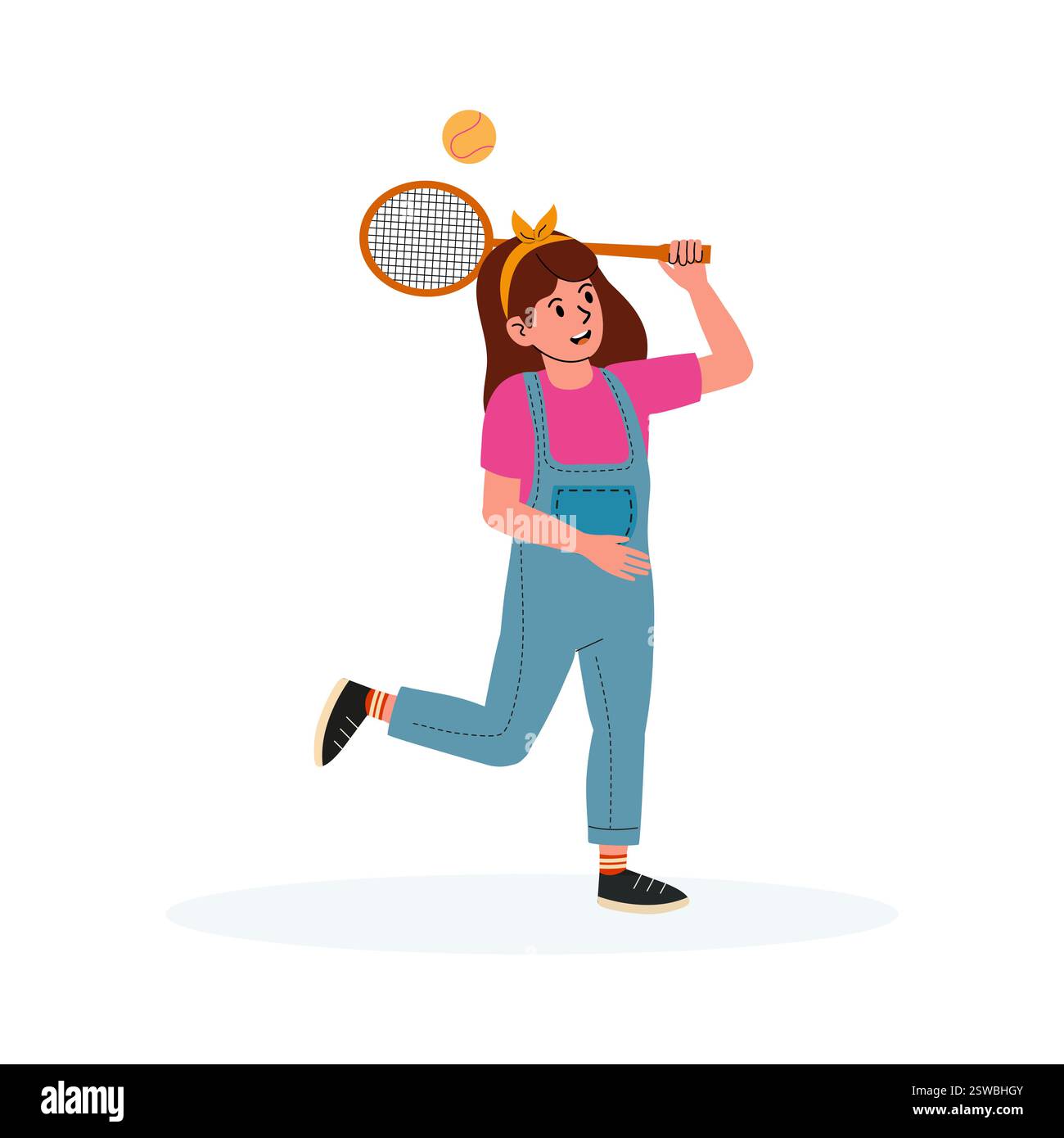 Ragazza che gioca a tennis con una racchetta e una palla in una posizione allegra all'aperto Illustrazione Vettoriale
