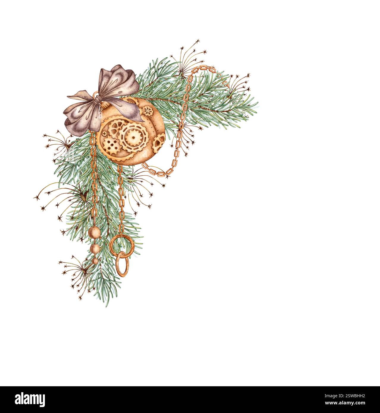 Rami di abete con arco marrone, erba, sfera e catene, illustrazione acquerello. Piante forestali per l'inverno, Natale e Capodanno. Isolato da t Foto Stock