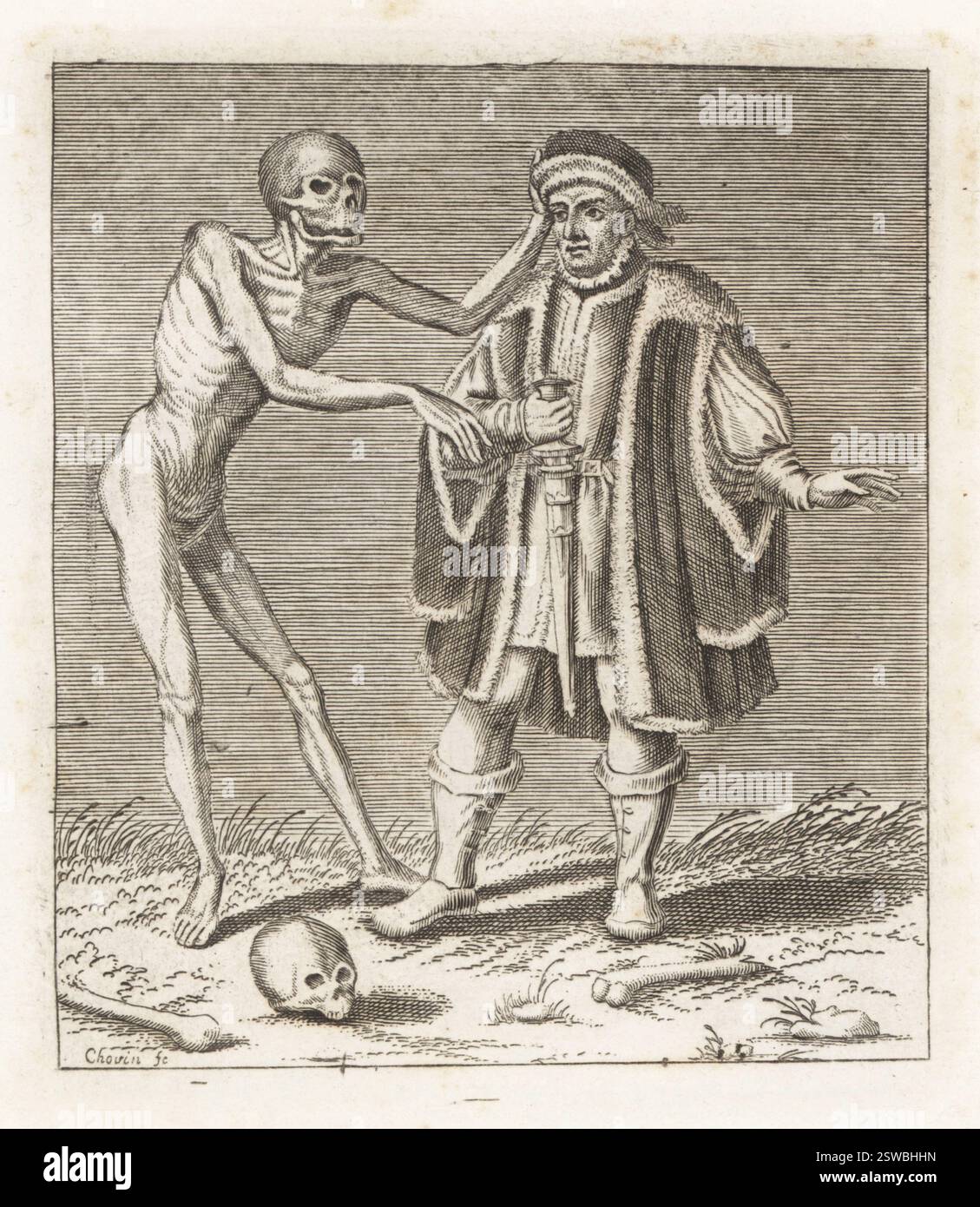 Cadavere della morte con il senatore. Figura scheletrica che tocca il cappello e il braccio del politico. Il senatore con cappuccio e mantello rivestiti in pelliccia, doppietto, tubo e stivali, con una spada. Incisione Copperplate di Jacques-Antony Chovin dopo un'illustrazione di Matthaus Merian da Todtentanz der Stadt Basilea: La danza della morte a Basilea, la Danse des Morts a Bale, Basilea, Svizzera, 1744. Foto Stock