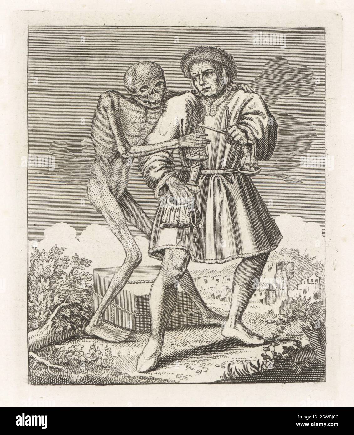 Cadavere della morte con il Mercante. Figura scheletrica che tiene la spalla del commerciante e afferra le bilance. Merchant in pelliccia e tunica in velluto, con borsetta e pugnale sulla cintura. Le bilance bilanciano le monete con un teschio. Rovine di una città sullo sfondo. Incisione Copperplate di Jacques-Antony Chovin dopo un'illustrazione di Matthaus Merian da Todtentanz der Stadt Basilea: La danza della morte a Basilea, la Danse des Morts a Bale, Basilea, Svizzera, 1744. Foto Stock