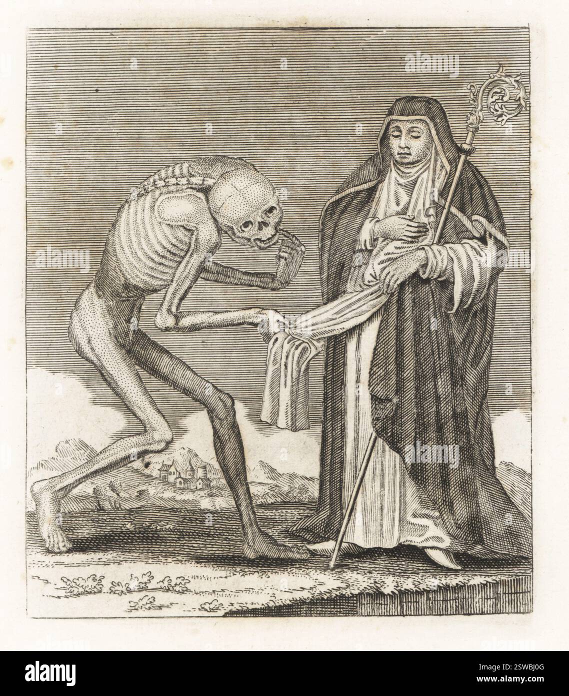 Cadavere della morte con la badessa. Figura scheletrica che afferra il velo della suora davanti a una tomba. Badessa in velo lungo e cazzuola con un crozier. Incisione Copperplate di Jacques-Antony Chovin dopo un'illustrazione di Matthaus Merian da Todtentanz der Stadt Basilea: La danza della morte a Basilea, la Danse des Morts a Bale, Basilea, Svizzera, 1744. Foto Stock