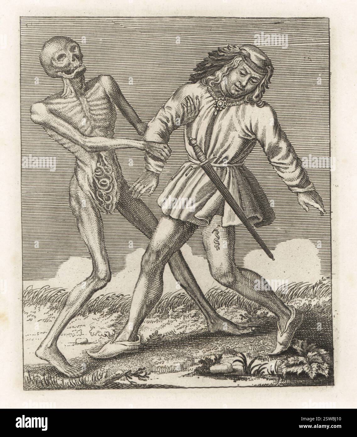 Cadavere della morte con il giovane uomo. La figura scheletrica con le barre d'appoggio appese alla pancia afferra un giovane uomo per il braccio. I giovani in cappello, doppietto, tubo e scarpe con la spada alla cintura. Incisione Copperplate di Jacques-Antony Chovin dopo un'illustrazione di Matthaus Merian da Todtentanz der Stadt Basilea: La danza della morte a Basilea, la Danse des Morts a Bale, Basilea, Svizzera, 1744. Foto Stock