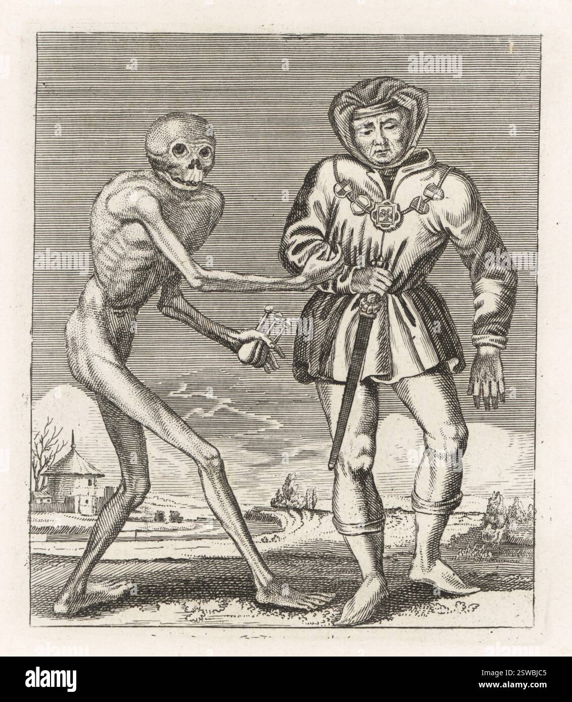 Cadavere della morte con l'Herald. Figura scheletrica muscolosa che afferra il braccio di un araldo. L'araldo in cappuccio, doppietto e tubo, con spada, con una catena di scudi araldici. Incisione Copperplate di Jacques-Antony Chovin dopo un'illustrazione di Matthaus Merian da Todtentanz der Stadt Basilea: La danza della morte a Basilea, la Danse des Morts a Bale, Basilea, Svizzera, 1744. Foto Stock