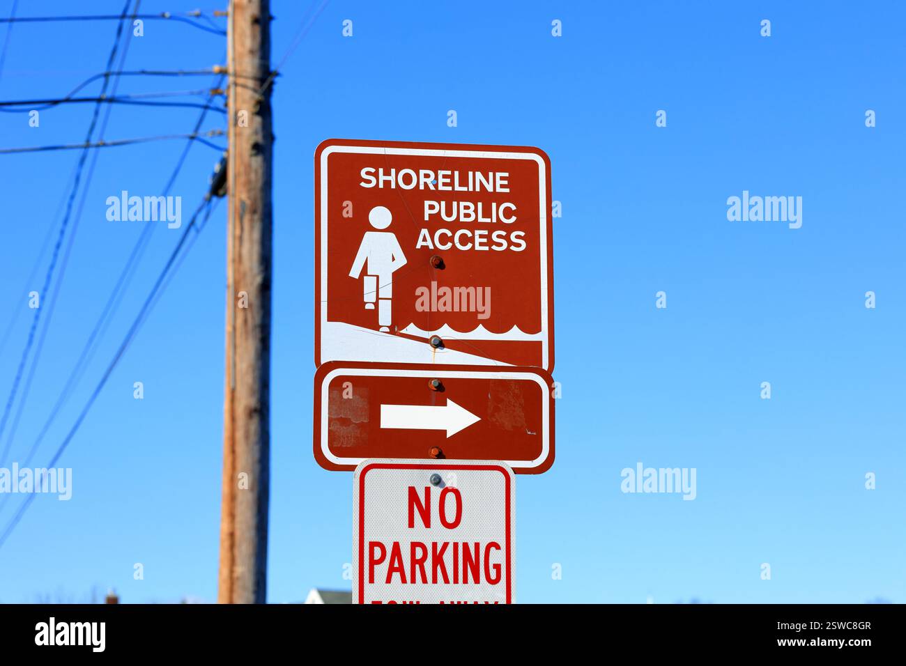 Segnaletica direzionale per Shoreline Public Access, Mystic, Connecticut. Foto Stock