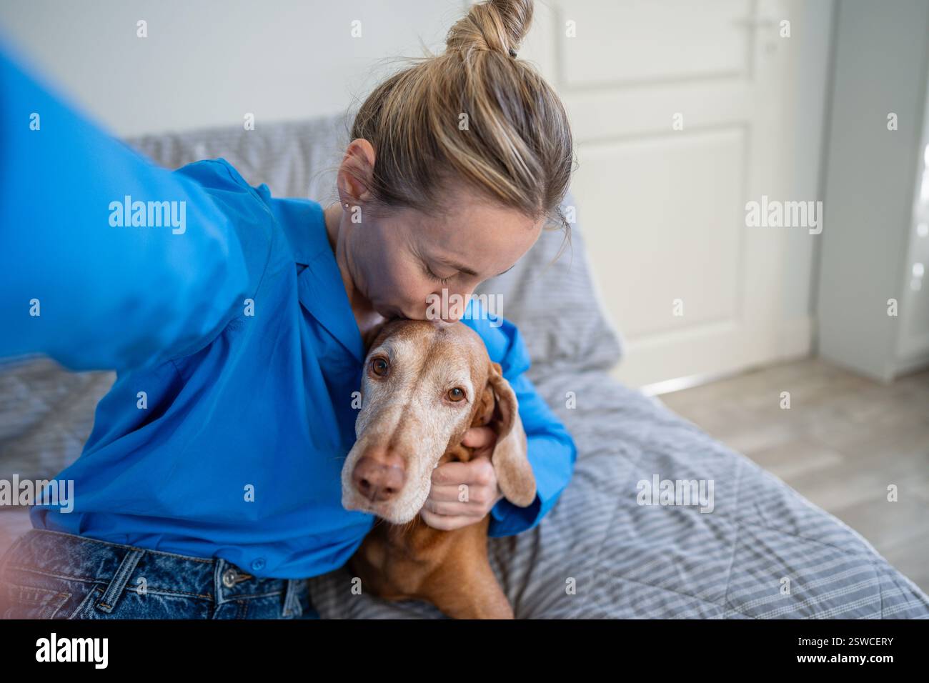 Donna che fa selfie, bacia e abbraccia il cane sul divano di casa. Adozione di animali domestici, animale domestico sano, amante del cane Foto Stock