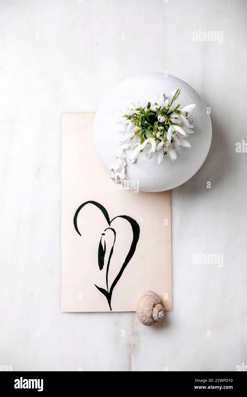 Bouquet di fiori di gocce di neve in vaso bianco Foto Stock