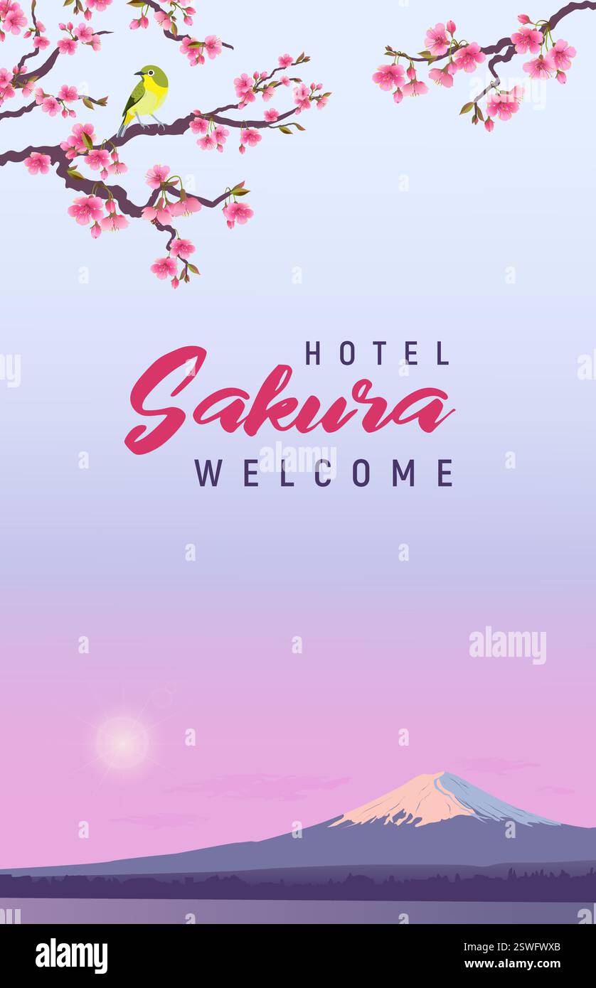 Banner di design per hotel e ristoranti. Grafica realistica di Nightingale e Sakura giapponesi sullo sfondo di Fuji. Uguisu su un ramo di ciliegie in fiore. Fudjiyama al sole. Illustrazione Vettoriale