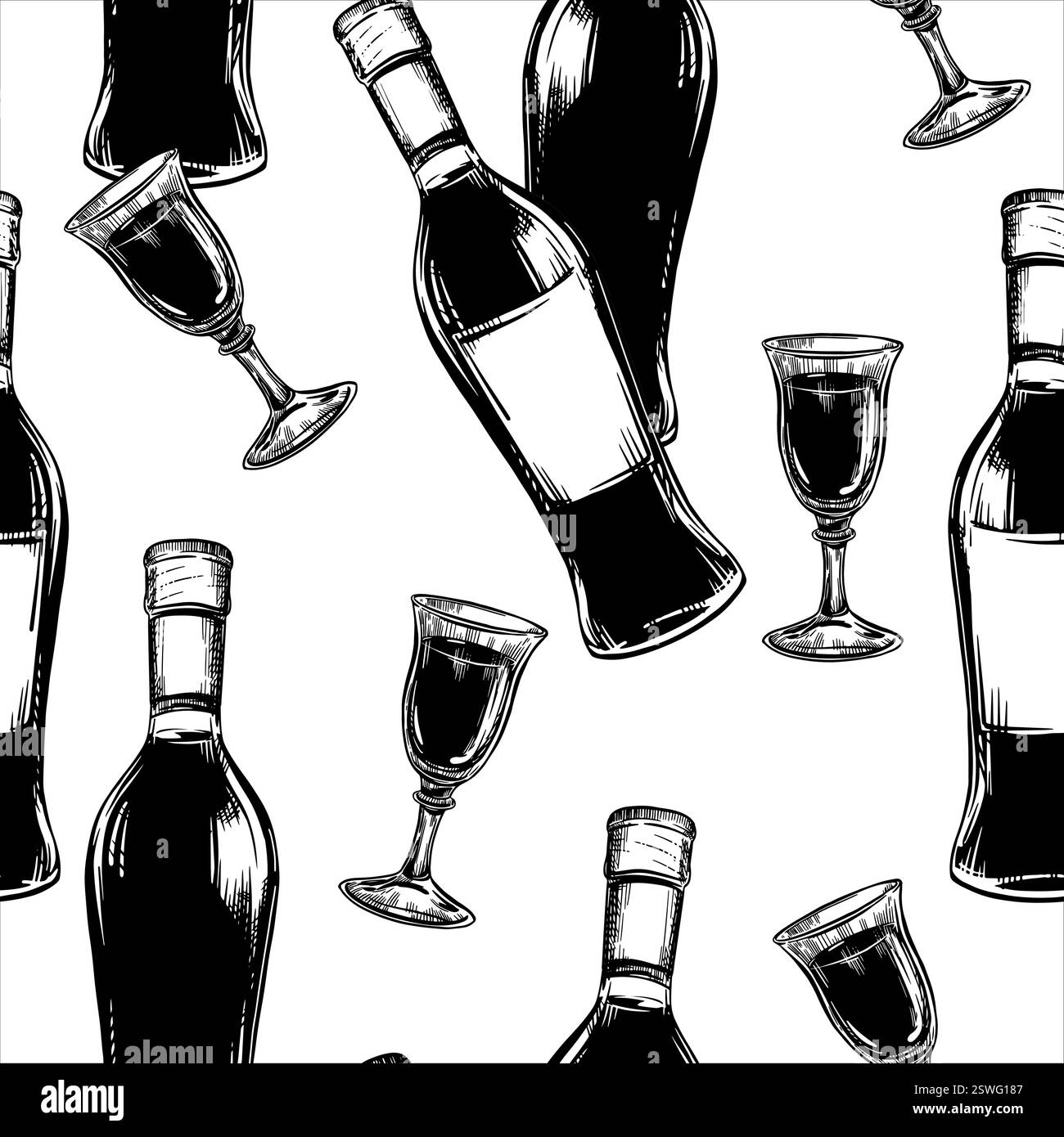 Bicchieri e bottiglie da vino senza cuciture. Illustrazione vettoriale che imita un disegno a pennello e inchiostro nero. Scopri una cantina, un menu di vini o una confezione. Fusione di grunge e effetto vintage. Illustrazione Vettoriale