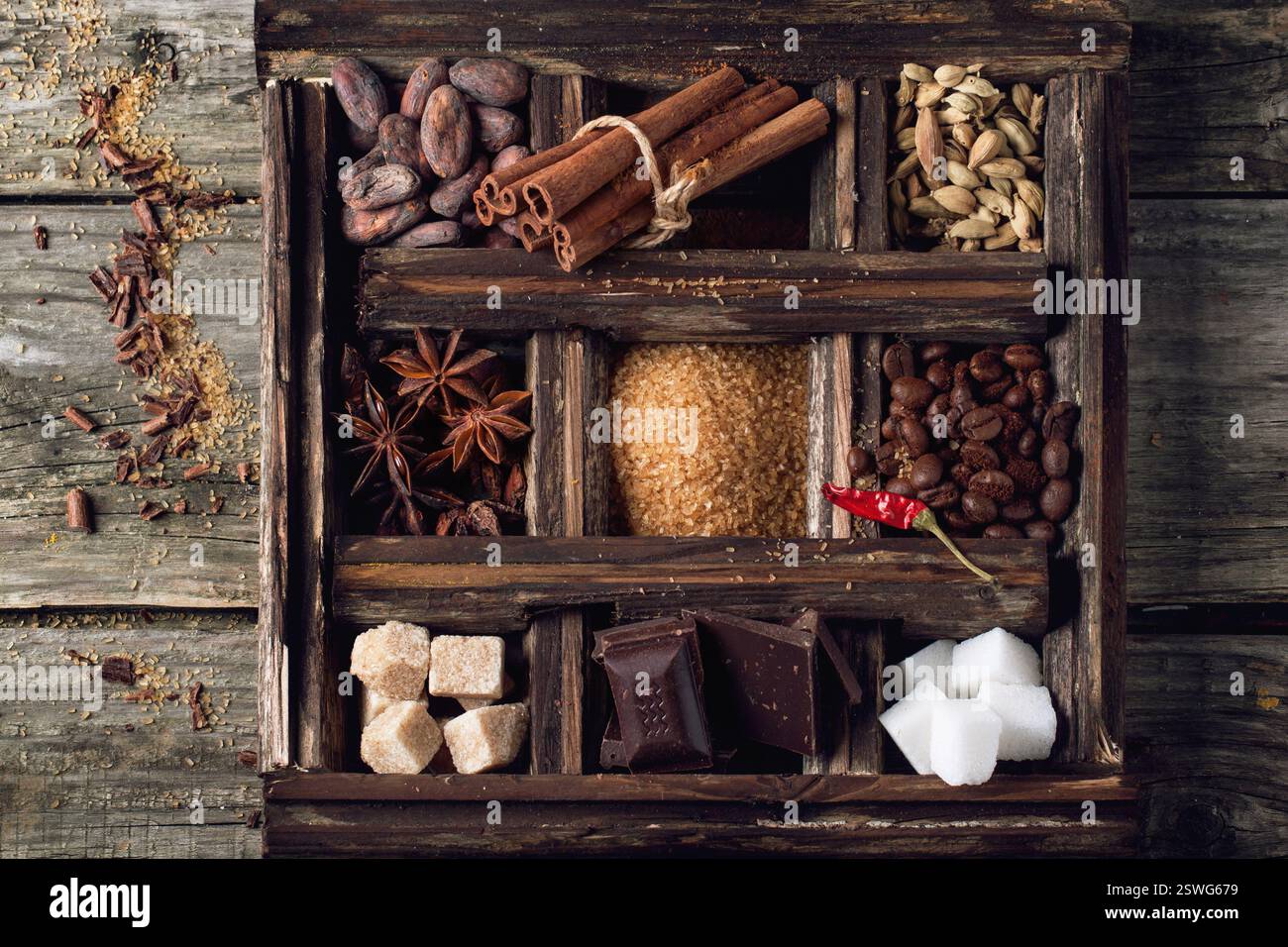 Caffè, cioccolato, zucchero e spezie Foto Stock