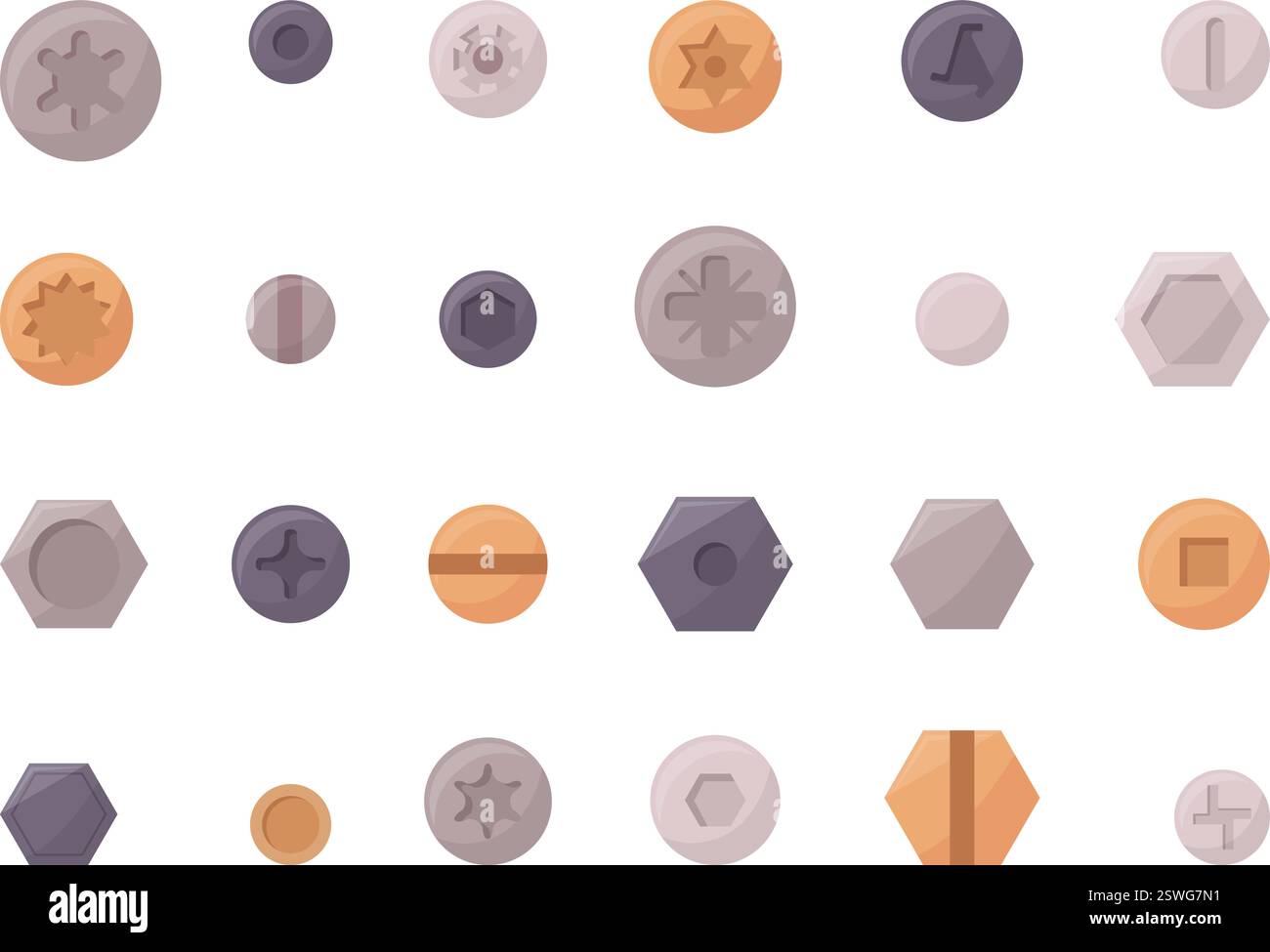 Bulloni viti teste. Vista superiore vite diversa. Elementi isolati per l'edilizia industriale, strumenti di fissaggio per la riparazione e l'edilizia, lavori di falegnameria Illustrazione Vettoriale