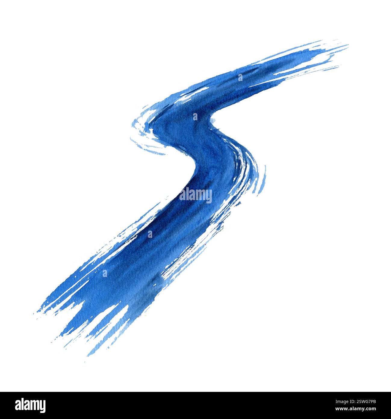 Strada tortuosa. Macchia astratta acquerello blu scuro. Tratto a spazzola ruvido. Illustrazione isolata dallo sfondo. Per composizioni di design, cartolina Foto Stock