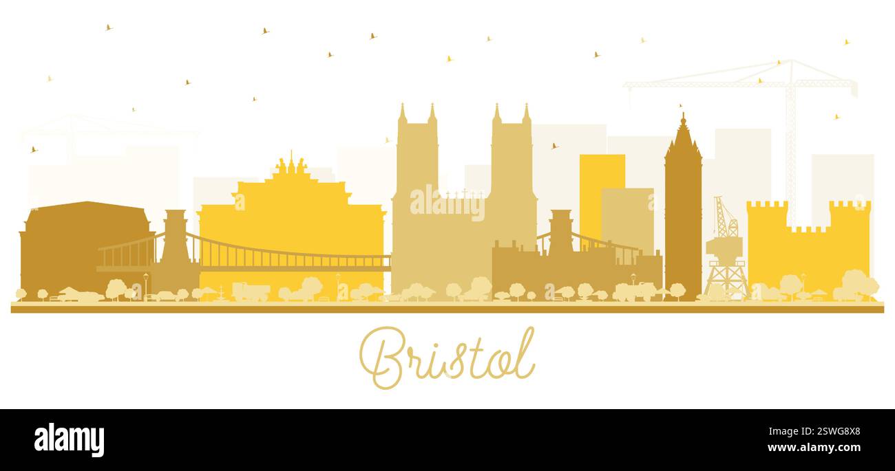 Profilo della città di Bristol, Regno Unito, con edifici dorati isolati su bianco. Illustrazione vettoriale. Paesaggio urbano di Bristol, Inghilterra, con monumenti storici. Illustrazione Vettoriale