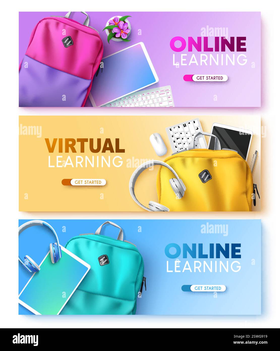 Sfondo vettoriale di apprendimento online impostato. Testo didattico virtuale con zaino, tablet e tastiera elementi didattici in stile pastello Illustrazione Vettoriale