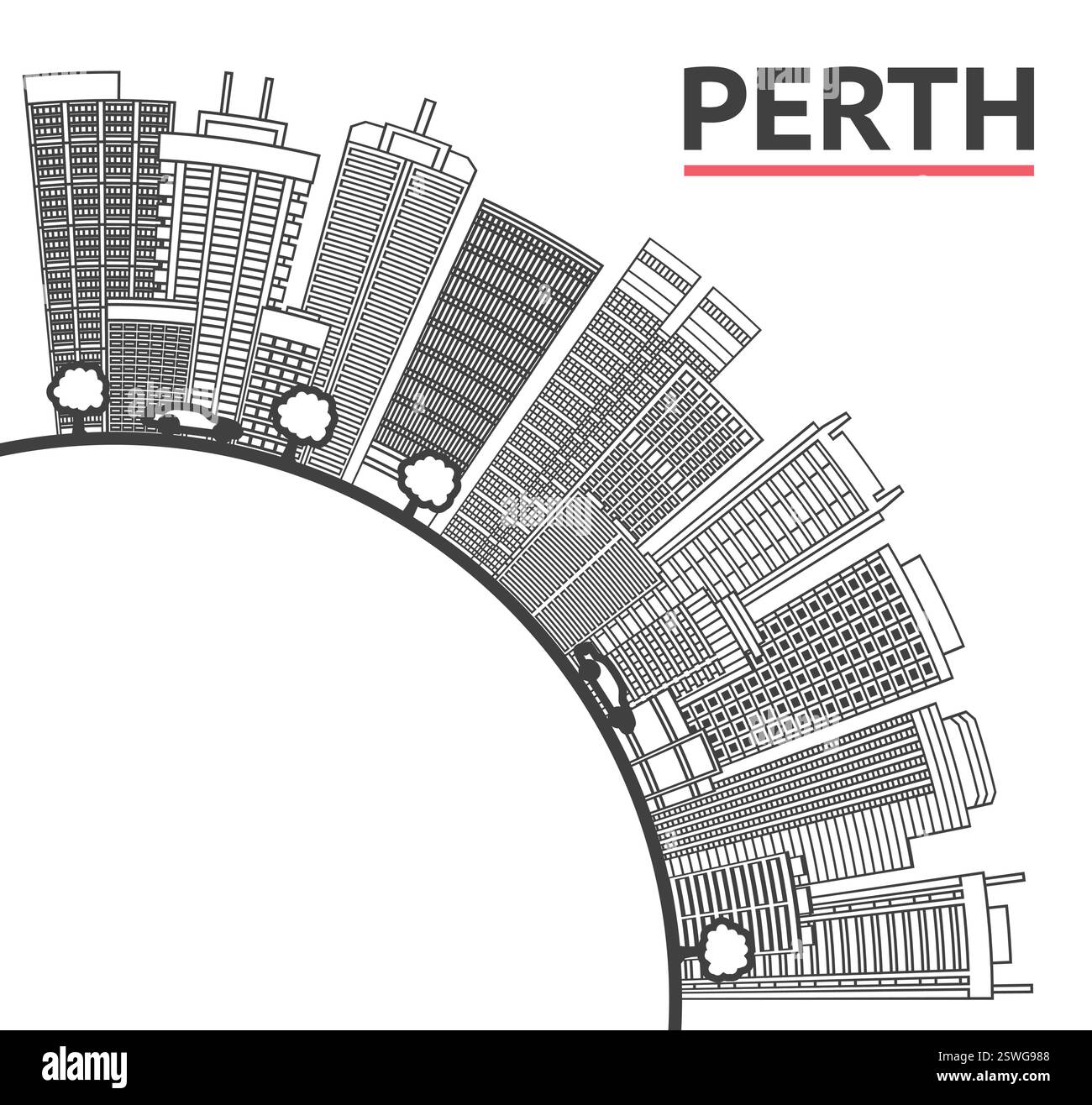 Delinea lo skyline di Perth Australia City con edifici moderni e spazio copia isolato su White. Illustrazione vettoriale. Paesaggio urbano di Perth con punti di riferimento. Illustrazione Vettoriale