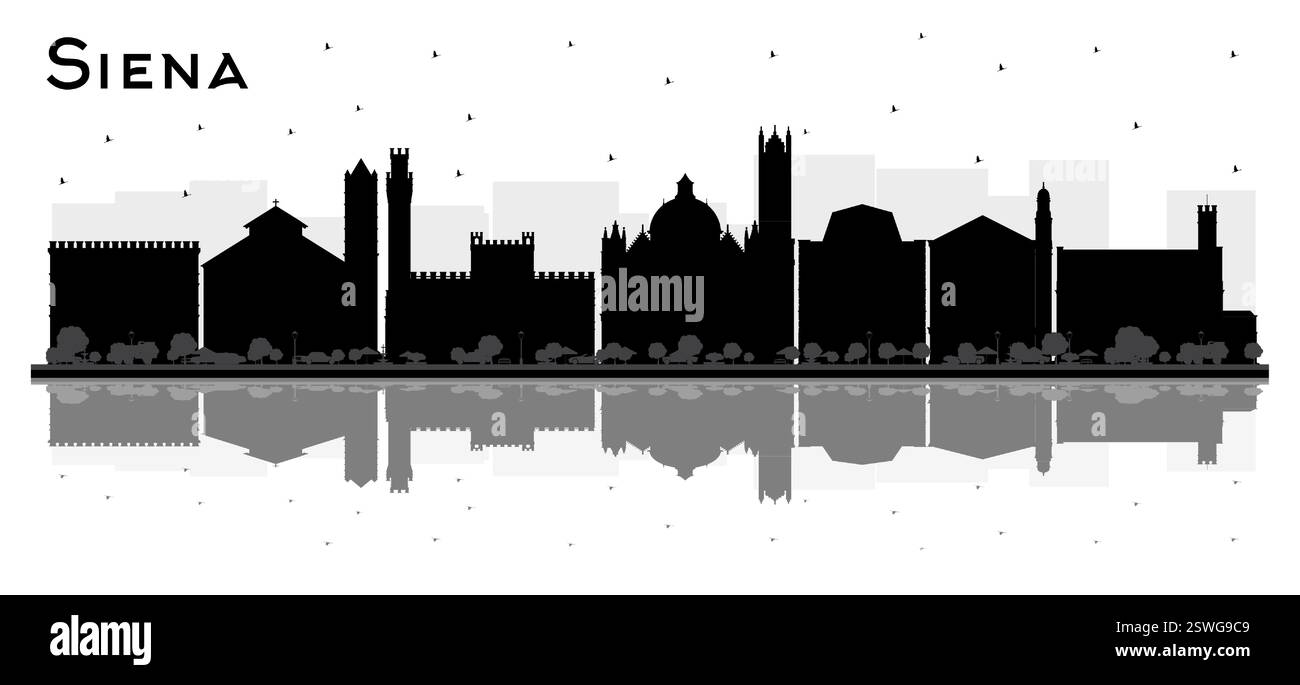Profilo di Siena Tuscany Italy City con edifici neri e riflessi isolati sul bianco. Illustrazione vettoriale. Illustrazione Vettoriale