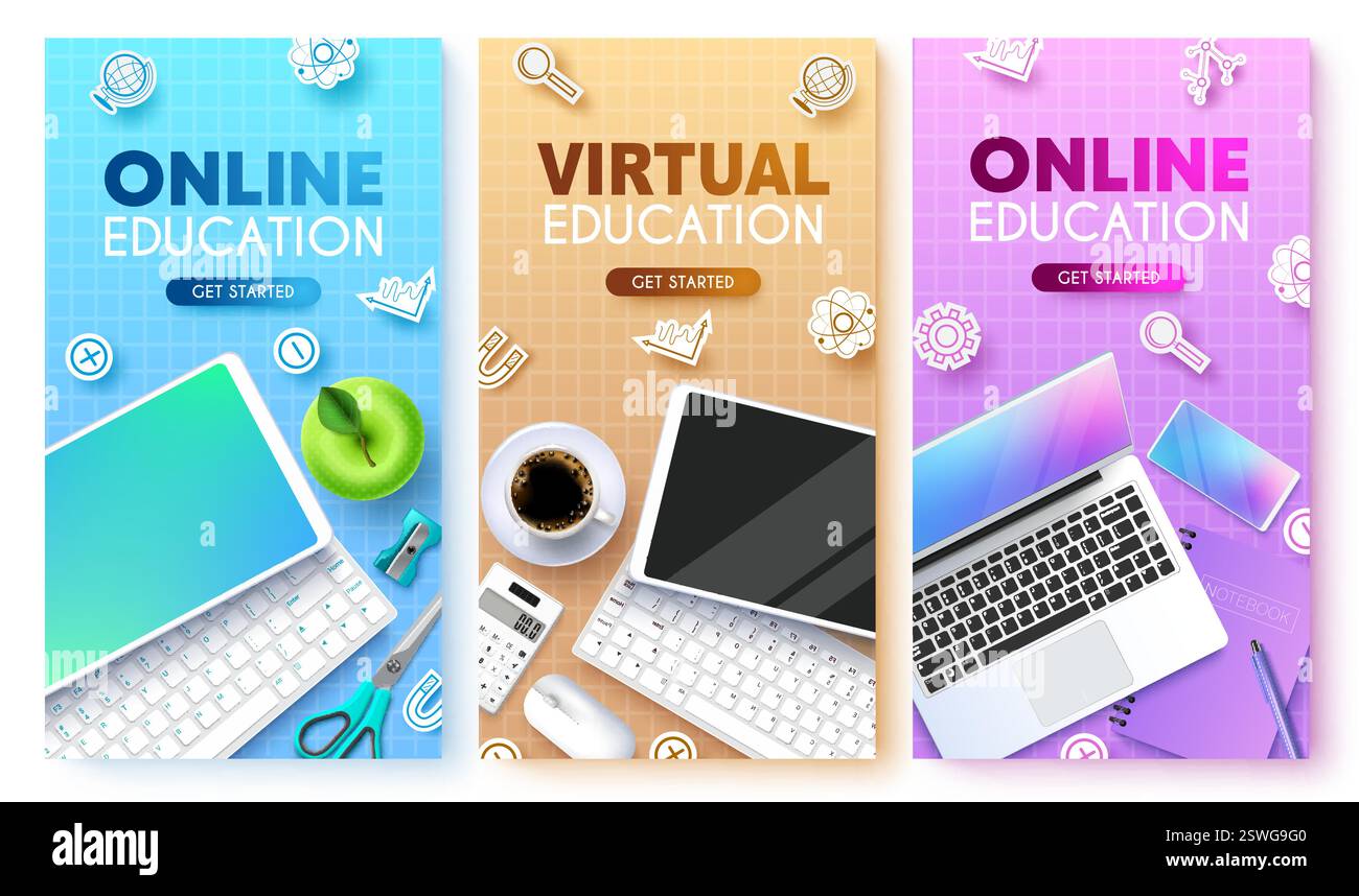 Design del set di poster vettoriali per l'istruzione virtuale. Testo didattico online con elementi di tablet, telefono, laptop e tastiera su sfondo colorato Illustrazione Vettoriale