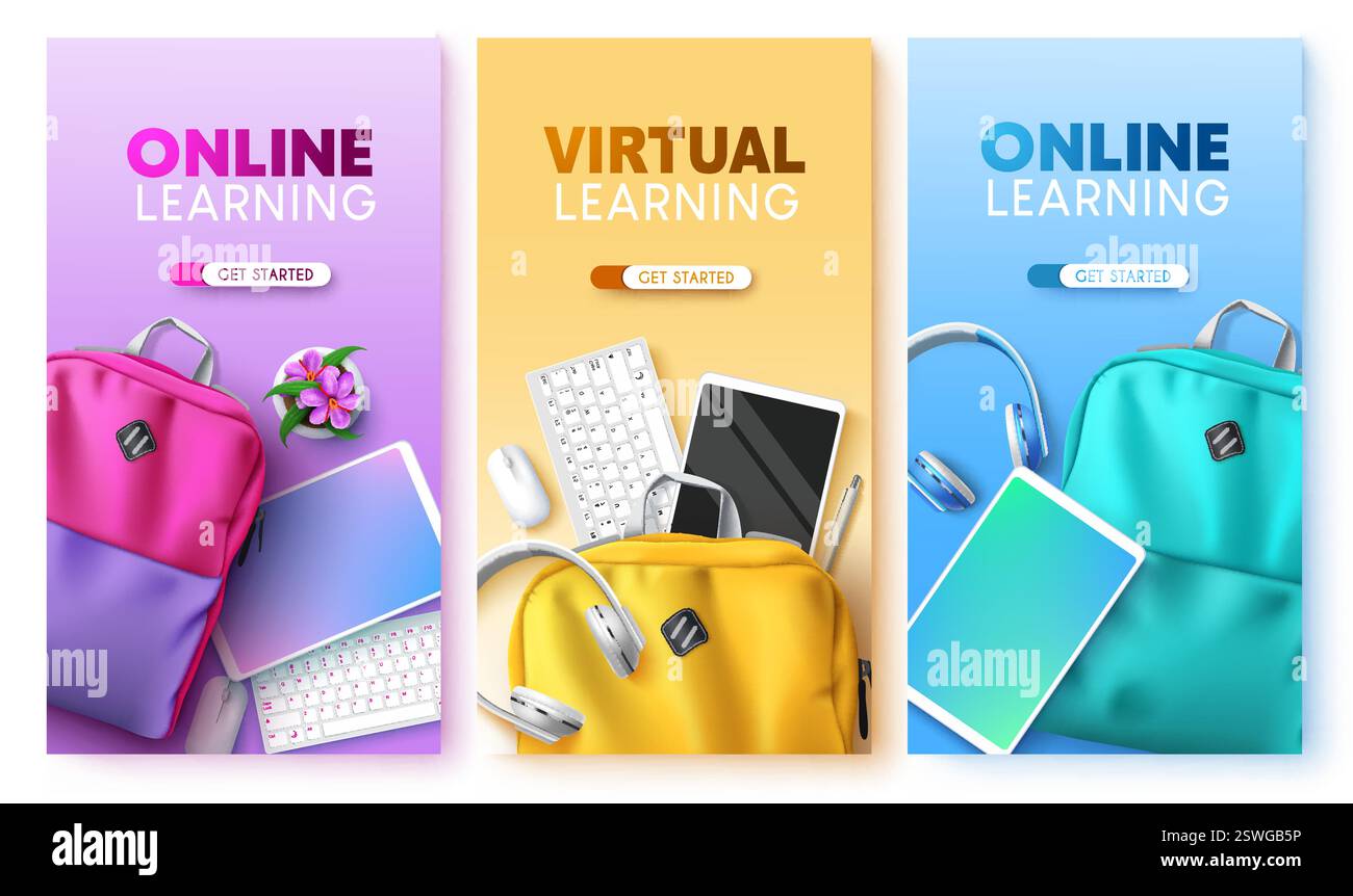 Set di poster vettoriali per l'istruzione online. Testo di apprendimento virtuale con zaino, tablet ed elementi della tastiera in un design di sfondo pastello per l'e-learning Illustrazione Vettoriale
