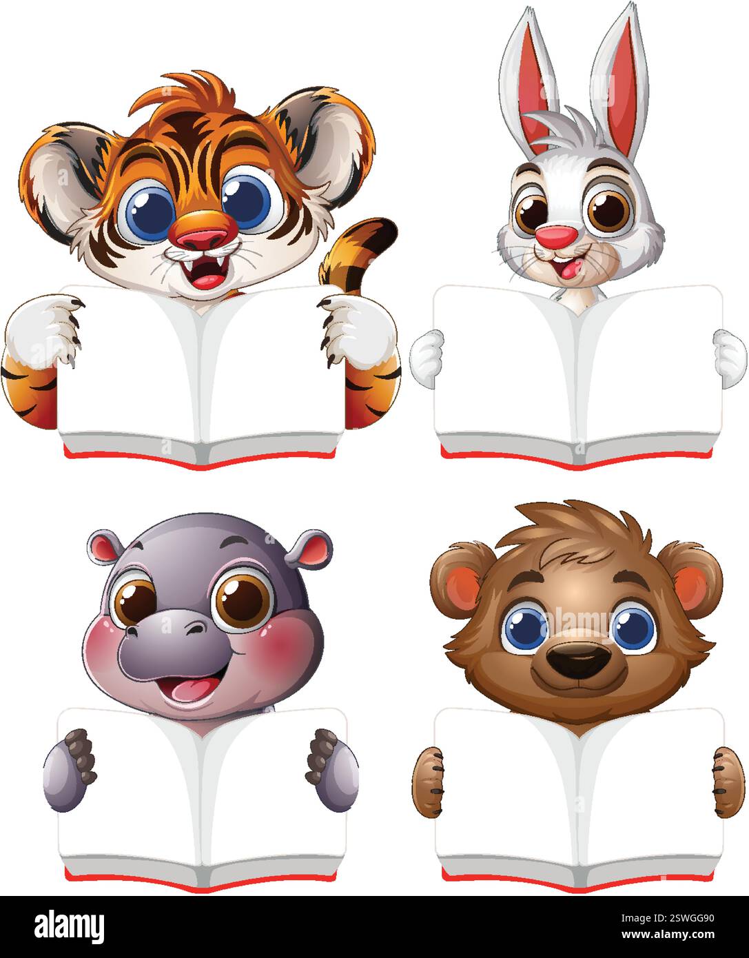 Adorabili animali che tengono libri aperti e si divertono a leggere Illustrazione Vettoriale