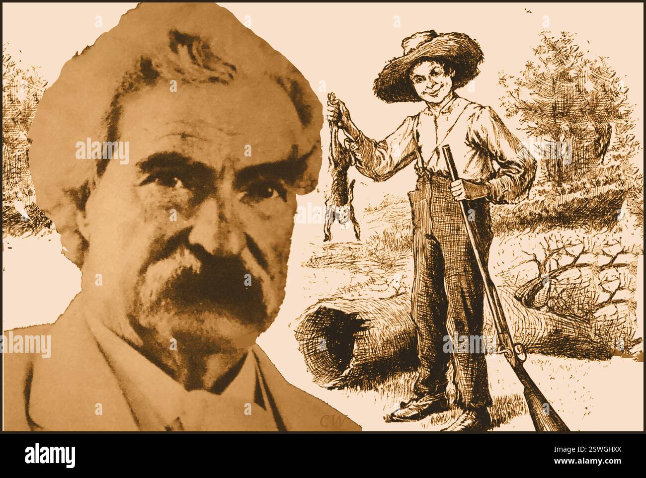 Il 1910 ha segnato la morte DI MARK TWAIN (Samuel Clemens) oratore e autore di Huckleberry Finn (qui raffigurato) e altri libri. Samuel Langhorne Clemens (1835 - 1910) ERA MEGLIO conosciuto con IL SUO pseudonimo Mark Twain ed è talvolta conosciuto come il padre della letteratura americana. Le sue storie più note sono le avventure di Tom Sawyer (1876) e il suo sequel, Adventures of Huckleberry Finn. Aveva anche un vivo interesse per la politica, diventando vicepresidente della American Anti-imperialist League e un forte sostenitore dell'abolizione della schiavitù e sostenitore del suffragio femminile, Foto Stock