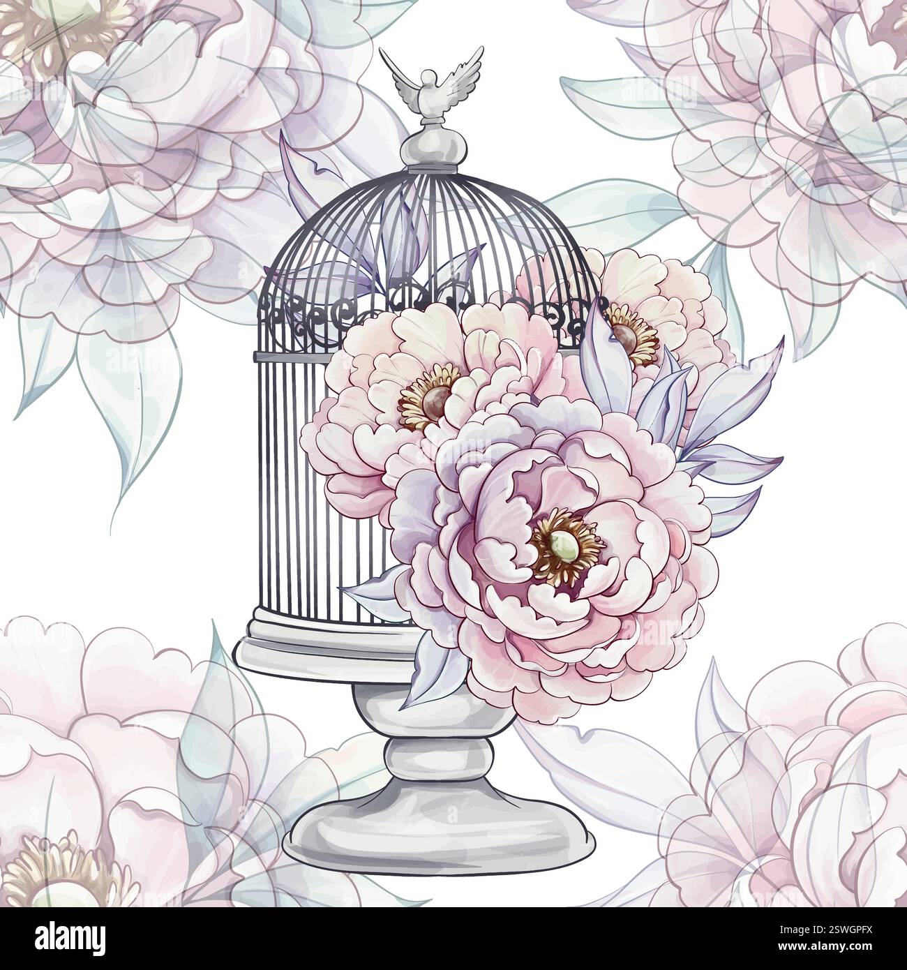 Una delicata opera d'acquerello presenta una gabbia ornata da peonie in fiore, che mostra un armonioso mix di natura ed eleganza con un motivo senza cuciture Illustrazione Vettoriale