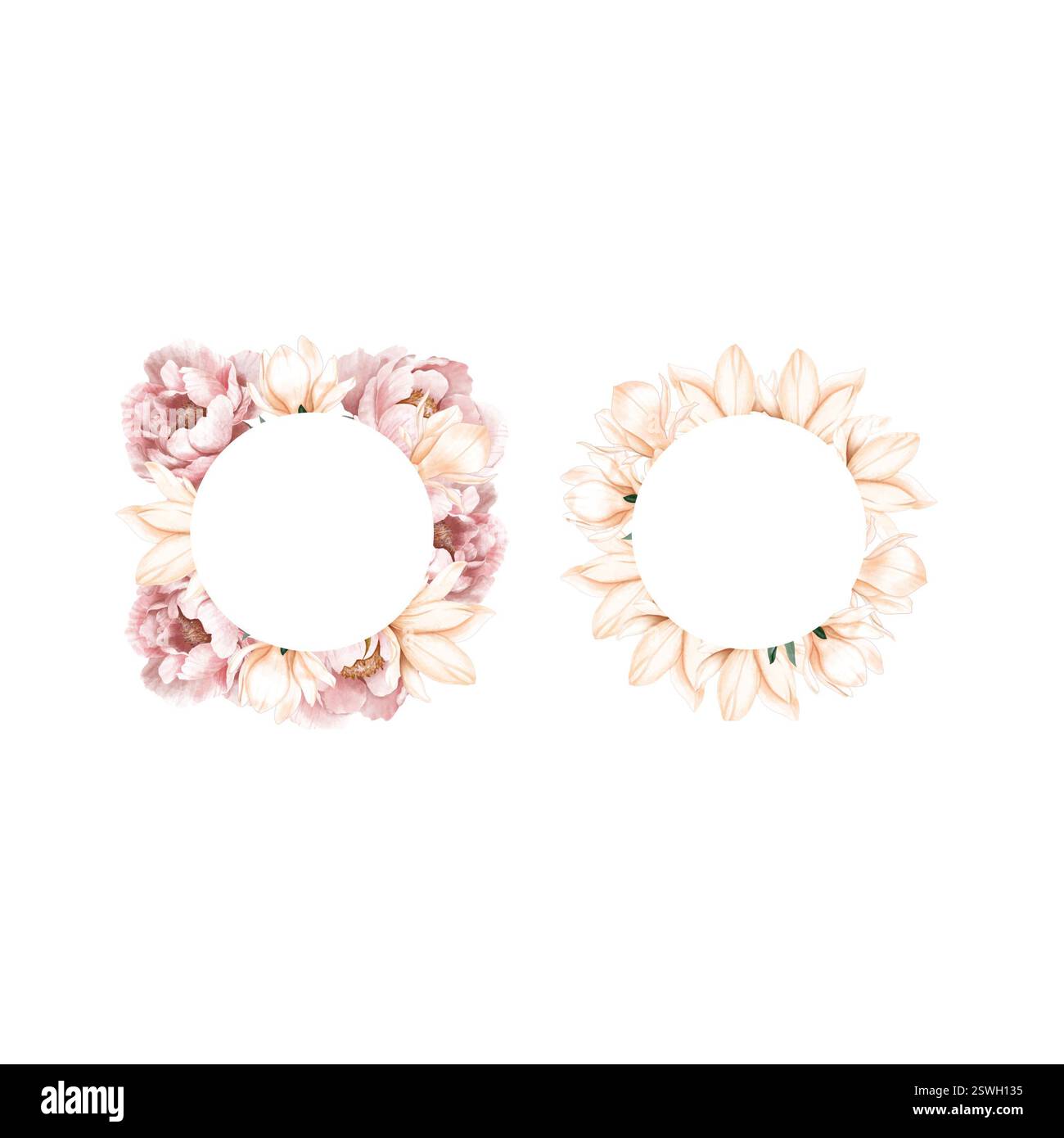 Set di fiori ad acquerello rotondo magnolia e peonia. Fiori eleganti su sfondo bianco isolato. Foto Stock