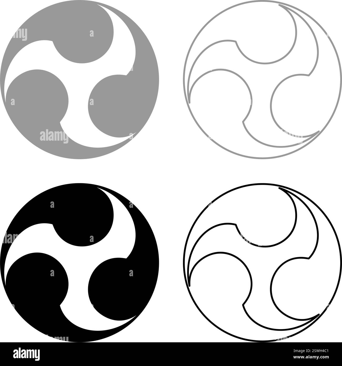 Simbolo Tomoe segno religioso religioni giapponesi icona Orientale a tre petali grigio nero immagine vettoriale semplice contorno pieno Illustrazione Vettoriale