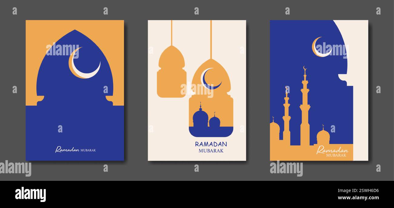 Set vettoriale Ramadan Mubarak carta colorata A4. poster delle vacanze, simbolo islamico, luna crescente e moschea, lanterna araba. Concetto di vettore religioso musulmano Illustrazione Vettoriale