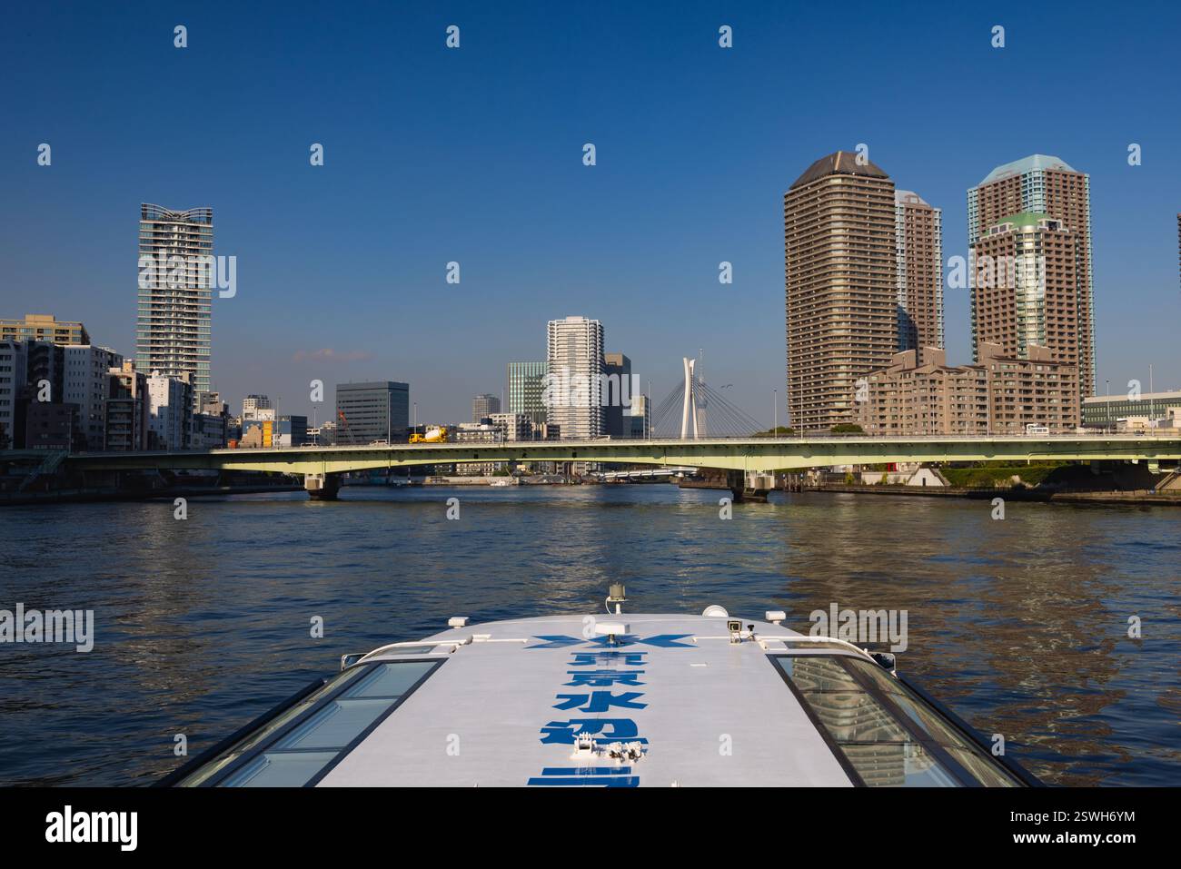Vista dalla gita in barca sul fiume Sumida, Tokyo, Giappone. Foto Stock