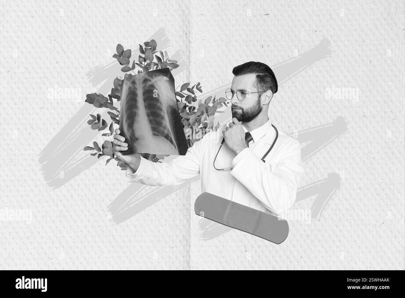 Immagine collage creativa del medico intelligente mentalità tenere esaminare polmoni x-ray medica gesso foglie pianta isolato su sfondo dipinto Foto Stock