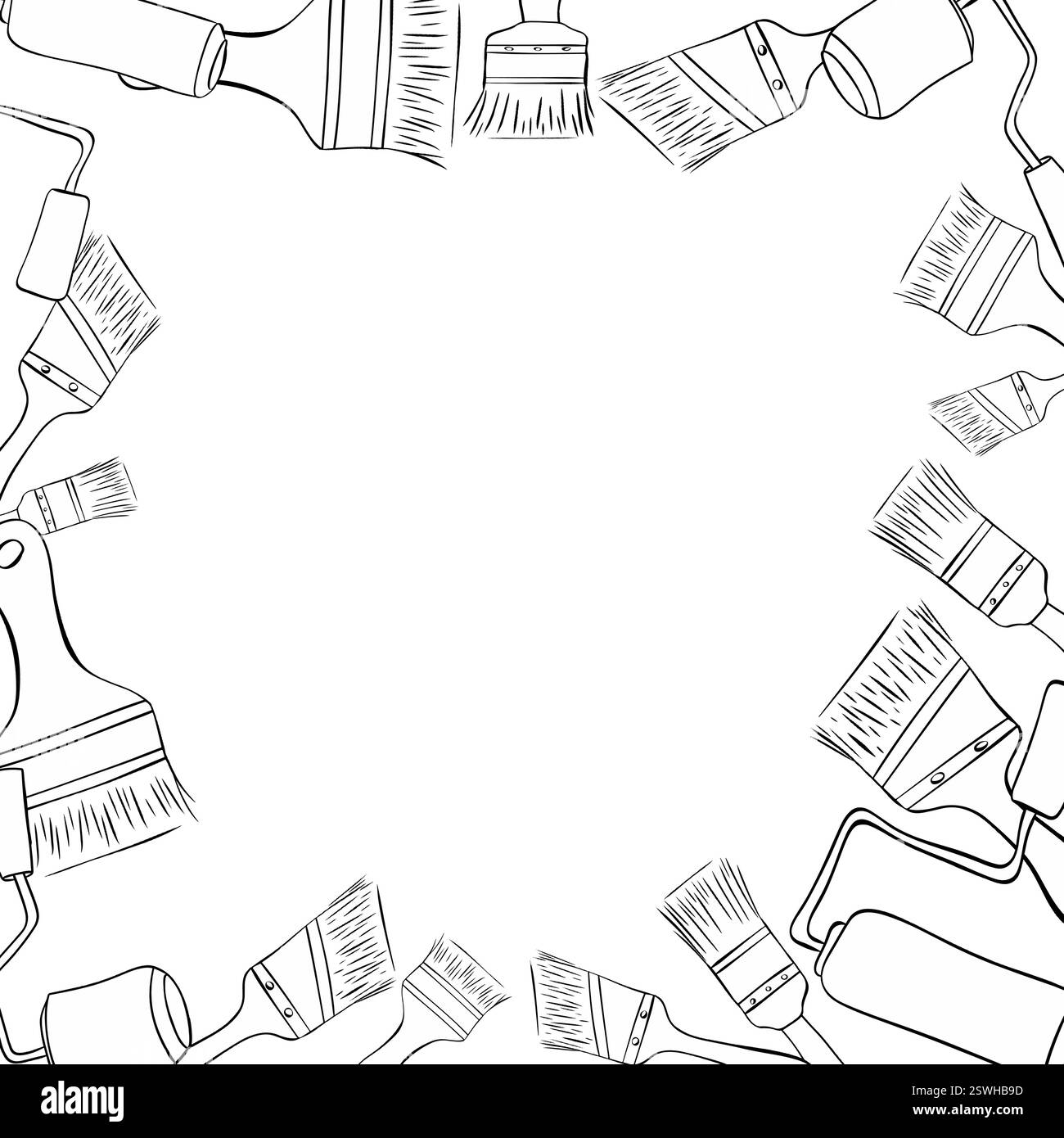 Spazzole per vernice e rulli modello quadro telaio. Illustrazione dell'inchiostro con linee grafiche vettoriali Illustrazione Vettoriale