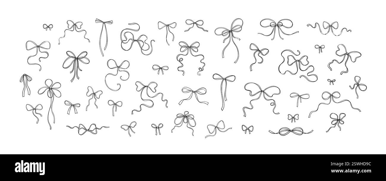 Set di disegni a nastro ad arco. Stile femminile Coquettish. Disegna la grafia del pastello. Elementi di design estetici e femminili. Simpatici nodi a farfalla con linea stravagante. Bip Illustrazione Vettoriale