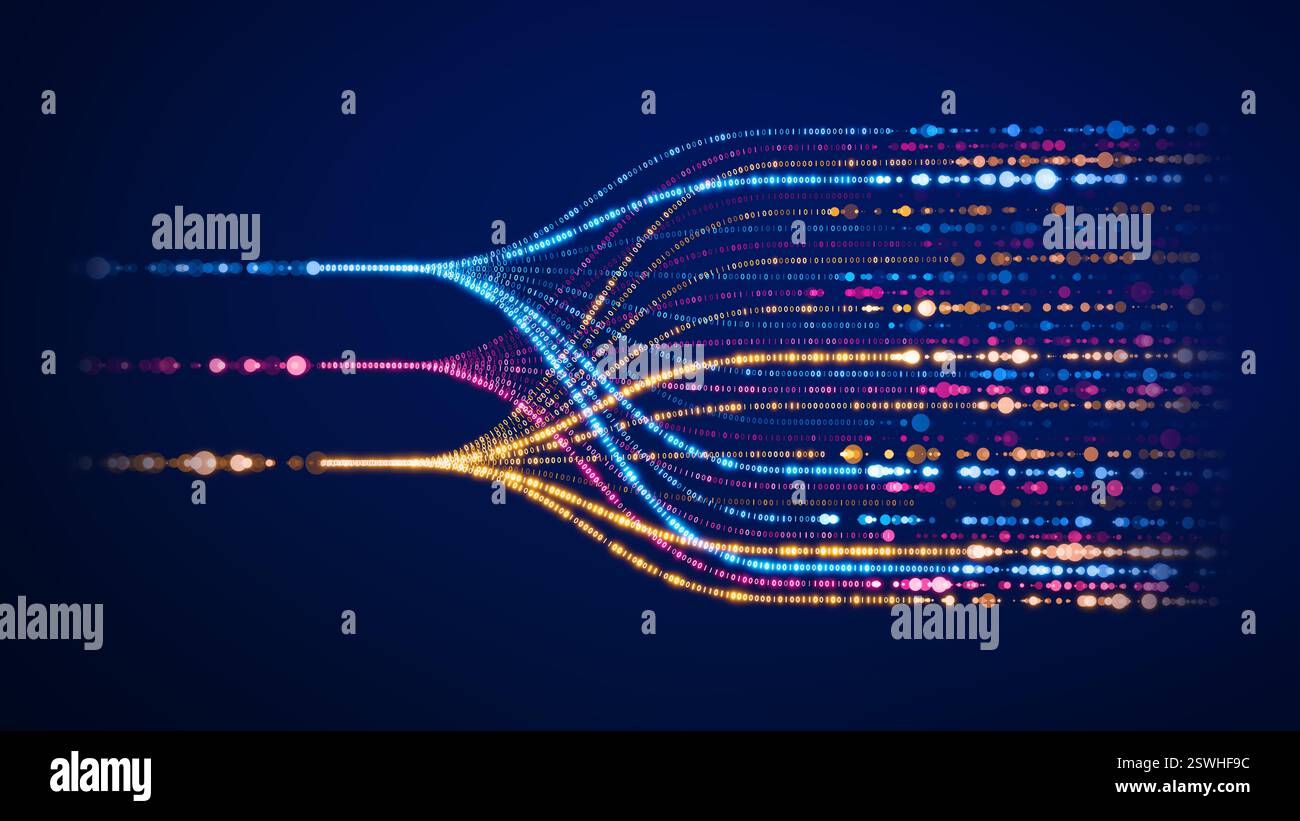 Illustrazione futuristica DELL'INTELLIGENZA ARTIFICIALE e dei big data che mostra l'automazione, l'analisi dei dati e l'innovazione nella tecnologia con flusso di dati che scorre attraverso il neurale Foto Stock