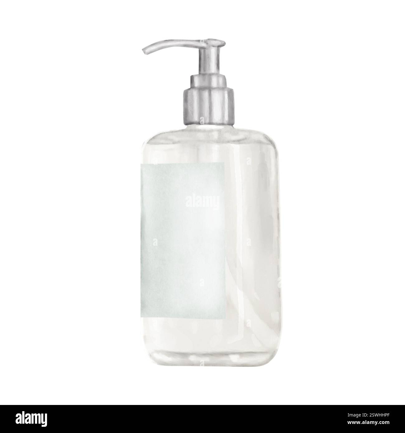 Flacone in vetro trasparente con pompa e liquido all'interno. Illustrazione digitale acquerello. Flacone con dispenser ed etichetta, isolato su sfondo bianco. Foto Stock