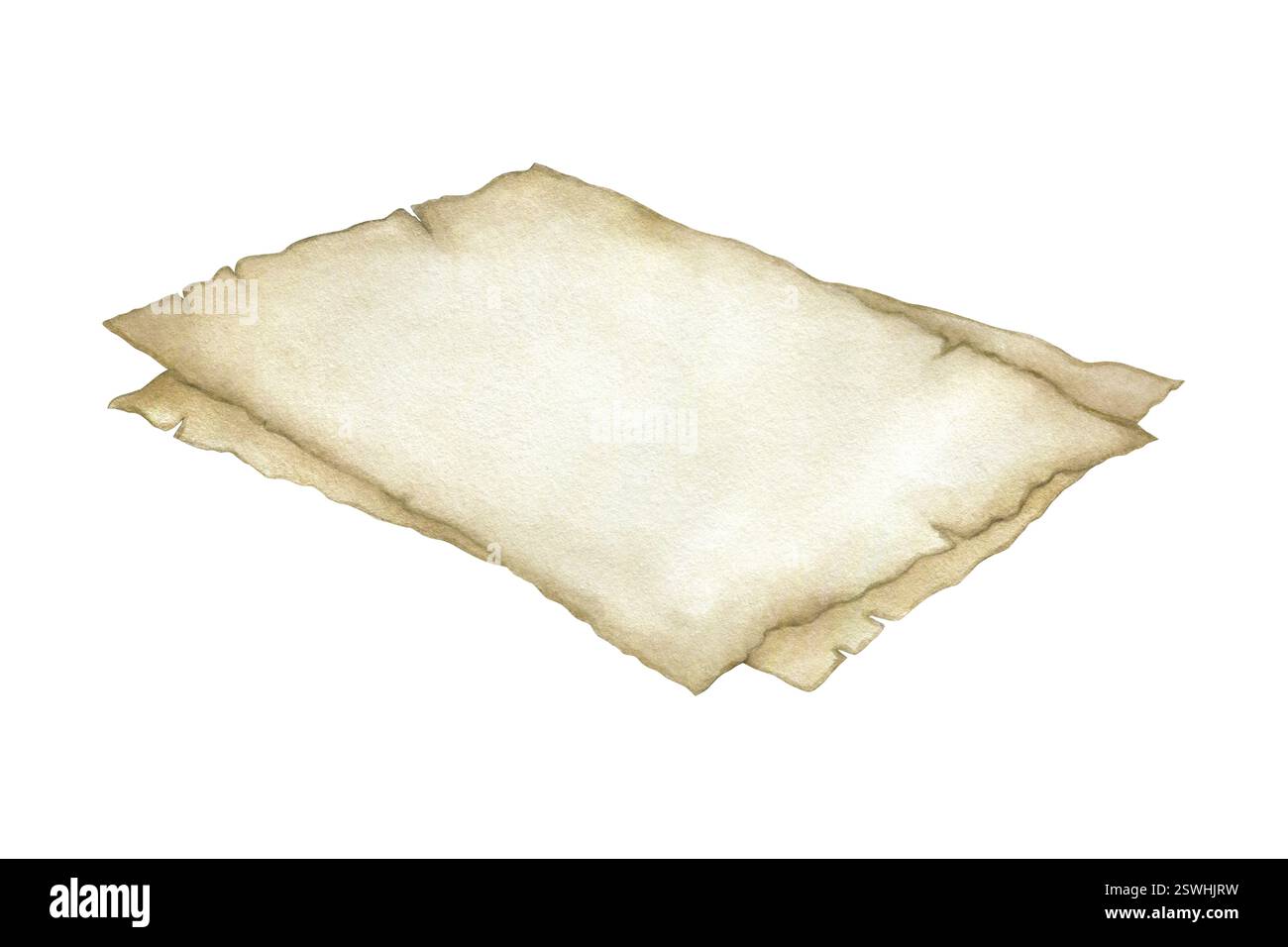 Fogli beige pergameni di carta vintage con vecchi bordi strappati. Illustrazione isolata ad acquerello disegnata a mano del papiro. Modello con spazio di copia per testo per design retrò, cartoline, biglietti e inviti. Foto Stock