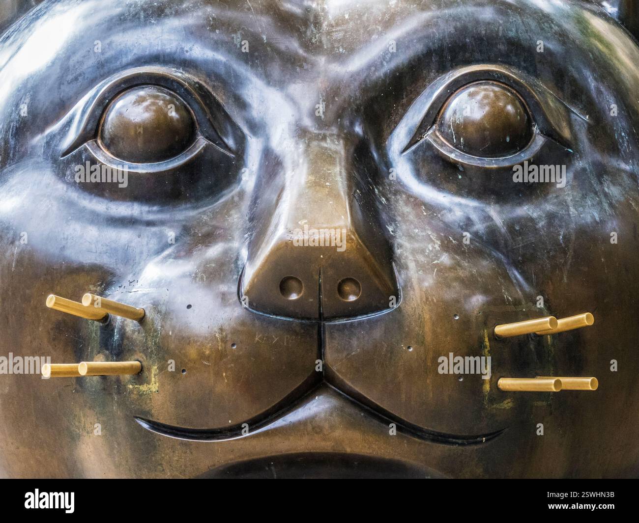 Dettaglio ravvicinato di El gato del Raval, un'enorme statua in bronzo di Fernando Botero a Rambla del Raval, Barcellona. Foto Stock