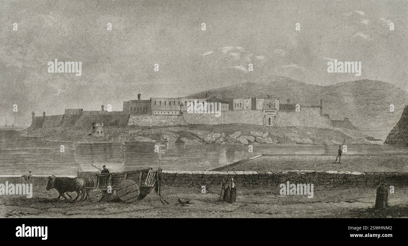 Kalkara, Malta. Forte Ricasoli. Forte fortificato costruito per ordine di San Giovanni tra il 1670 e il 1698. Occupa un promontorio noto come Gallows' Point sulla riva nord della Rinella Bay, proteggendo l'ingresso al Grand Harbour. Vista panoramica. Incisione. LeMaitre direxit. Storia di Malta e Gozo, di Frédéric Lacroix. Panorama Universal, edizione spagnola, stampato a Barcellona, 1850. Foto Stock