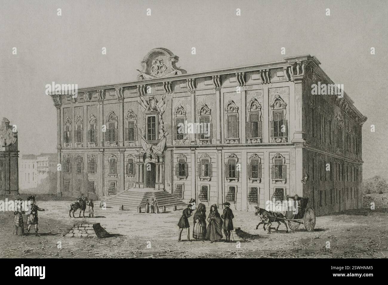 La Valletta, Malta. Auberge de Castille. Edificio costruito in stile barocco sotto il Gran Maestro portoghese Manuel Pinto da Fonseca (1681-1773) negli anni '1740 Sostituì un edificio del 1574 eretto per ospitare i cavalieri dell'ordine di San Giovanni dalla lingua di Castiglia, León e Portogallo. Incisione. LeMaitre direxit. Storia di Malta e Gozo, di Frédéric Lacroix. Panorama Universal, edizione spagnola, stampato a Barcellona, 1850. Foto Stock
