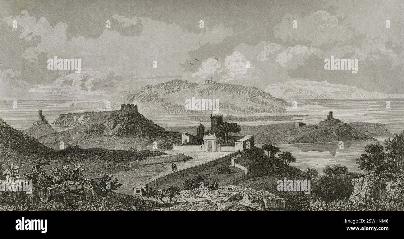 Isola di Gozo, Malta. Vista panoramica del paesaggio. Incisione. LeMaitre direxit. Storia di Malta e Gozo, di Frédéric Lacroix. Panorama Universal, edizione spagnola, stampato a Barcellona, 1850. Foto Stock