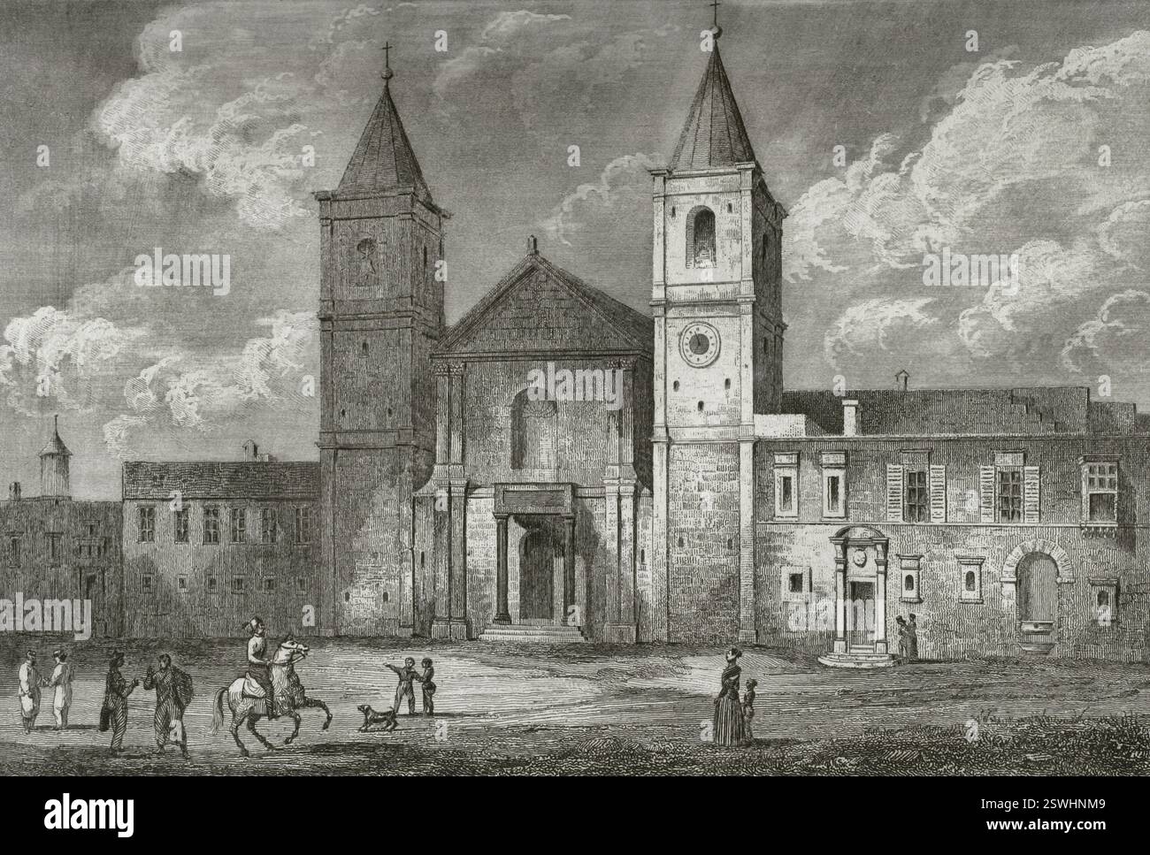 La Valletta, Malta. Concattedrale di San Giovanni. La sua costruzione fu finanziata e promossa nel 1572 da Jean de la Cassière (1502-1581), Gran Maestro dell'ordine di Malta. Fu eretta tra il 1573 e il 1578, su progetto dell'architetto militare maltese Girolamo Cassar (circa 1520-c.. 1592). Vista generale della facciata principale. Incisione. LeMaitre direxit. Storia di Malta e Gozo, di Frédéric Lacroix. Panorama Universal, edizione spagnola, stampato a Barcellona, 1850. Foto Stock