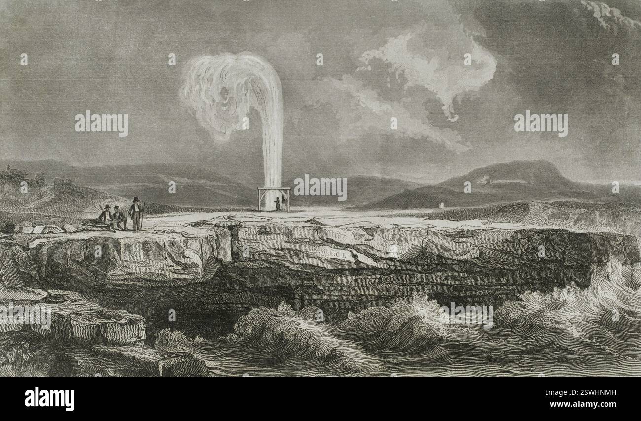 Malta. Ghar il-Qamh, isola di Gozo. Saline per orologiai. Getto d'acqua. Incisione. LeMaitre direxit. Storia di Malta e Gozo, di Frédéric Lacroix. Panorama Universal, edizione spagnola, stampato a Barcellona, 1850. Foto Stock