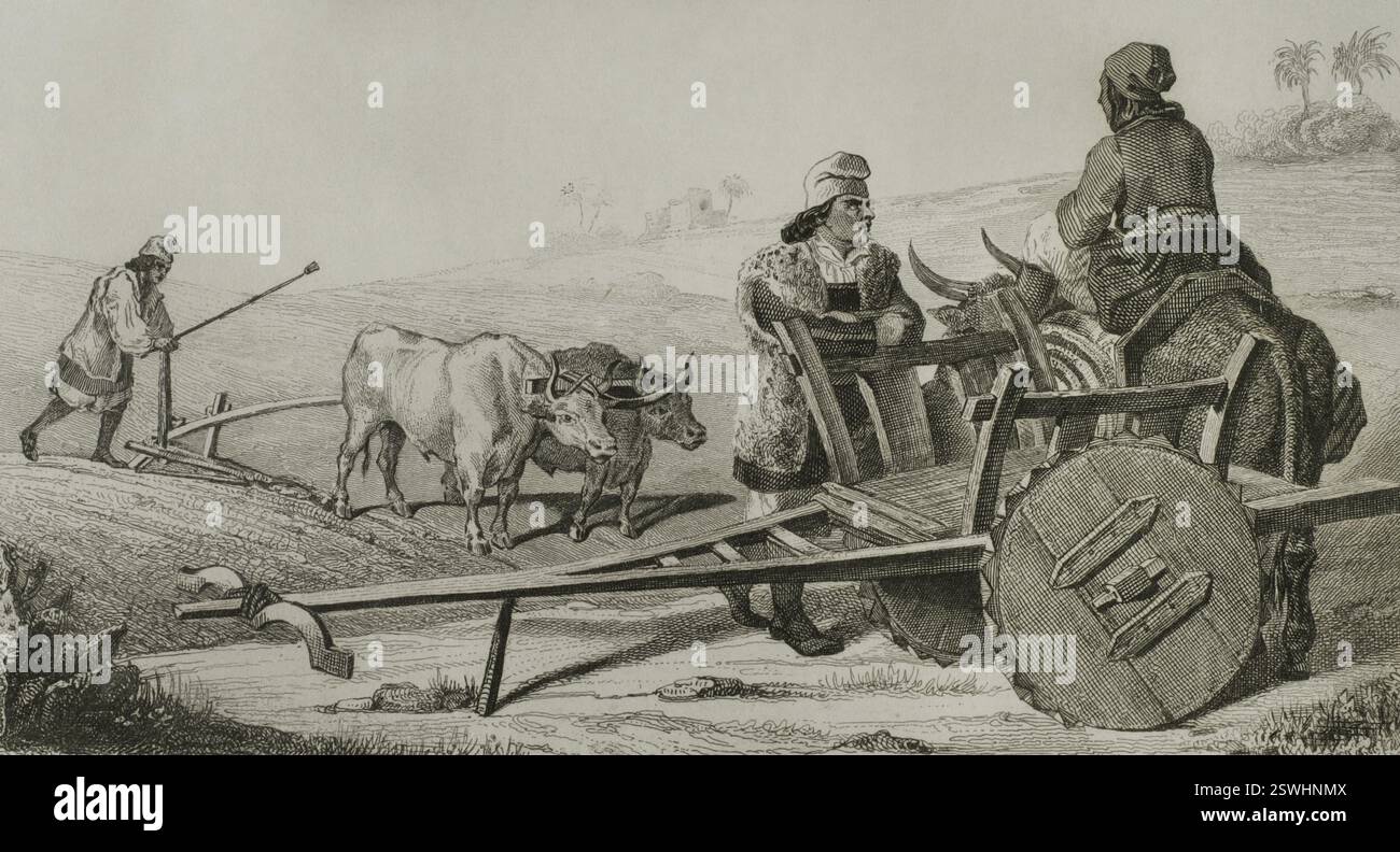 Sardegna. Contadini sardi. Incisione di Woltener. LeMaitre direxit. Storia di Malta e Gozo, di Frédéric Lacroix. Panorama Universal, edizione spagnola, stampato a Barcellona, 1850. Foto Stock