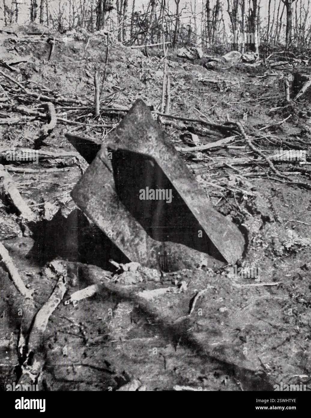 Con solo le pinne di coda mostrate, una bomba inesplosa nel terreno durante la prima guerra mondiale Foto Stock