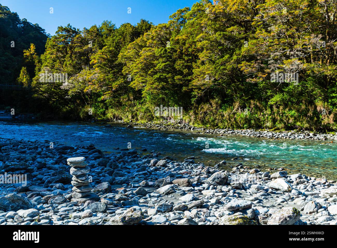Vista sul fiume Makaroa nella piscina blu della regione di Otago in nuova Zelanda Foto Stock