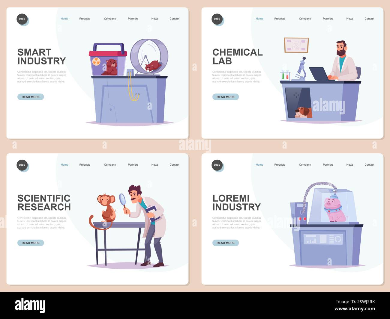 Studi sugli animali. gli scienziati conducono ricerche sugli animali. modelli di landing page aziendali Illustrazione Vettoriale