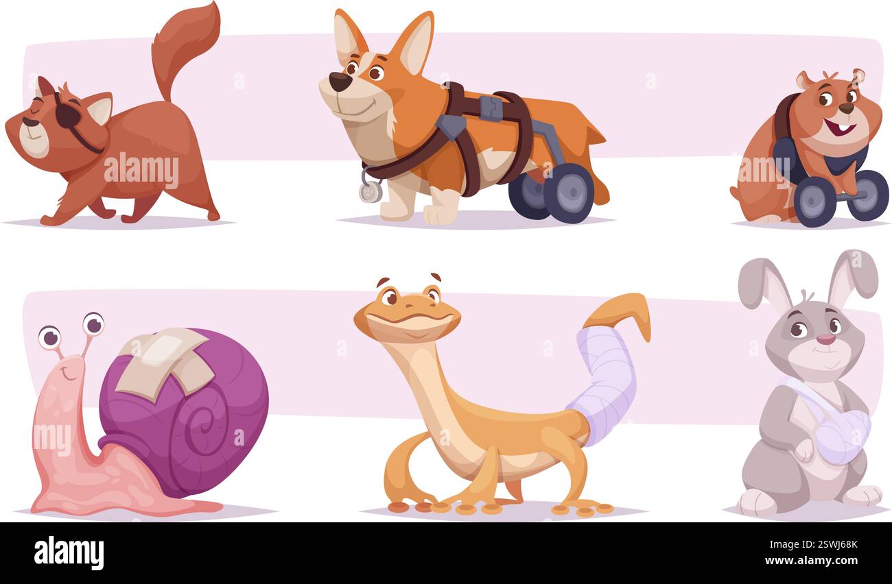 Animali disabili. Animali domestici con protesi gambe animali vettoriali esatti con diverse disabilità in clinica veterinaria Illustrazione Vettoriale