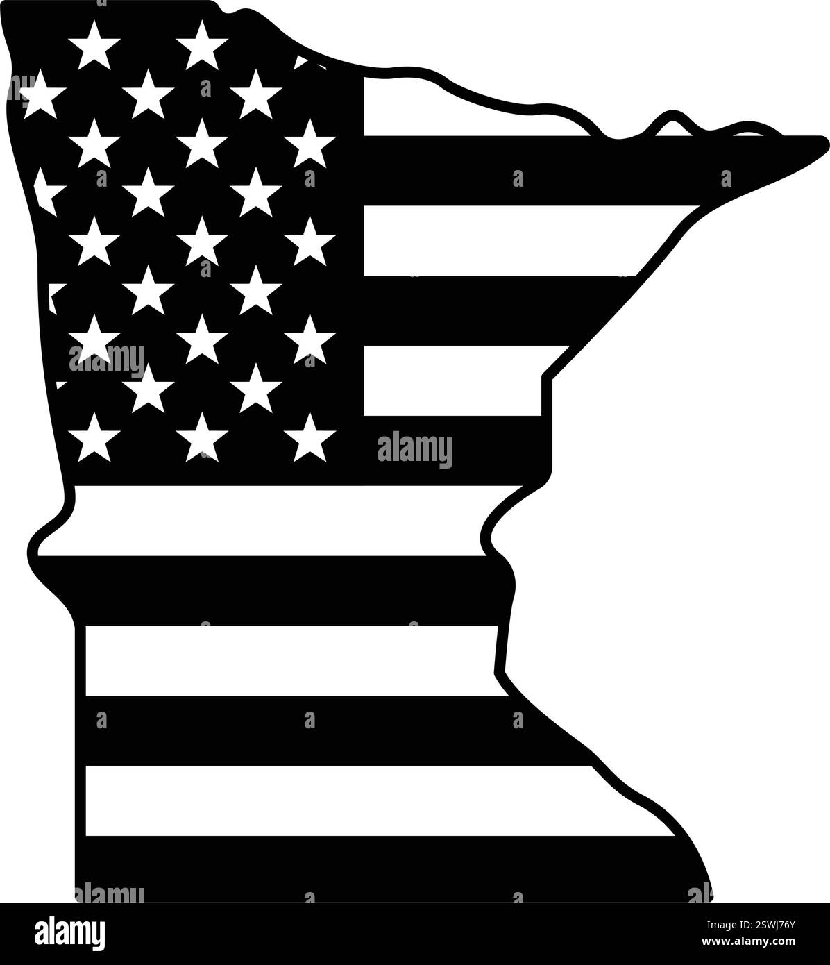 Il profilo della mappa della forma dello stato MN del minnesota è semplificato con il vettore in bianco e nero della bandiera americana degli stati uniti isolato su sfondo trasparente Illustrazione Vettoriale