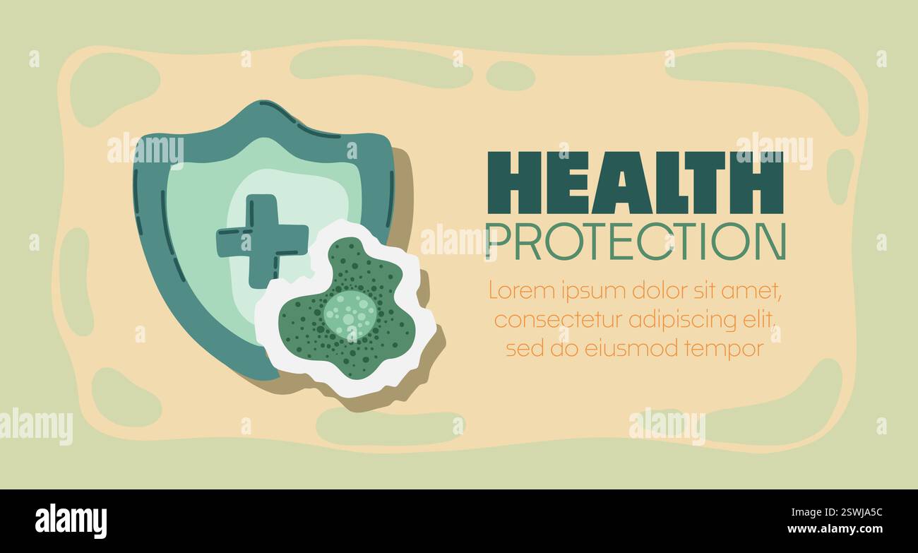 Scudo di guardia attaccato da virus, germi e batteri. Sistema immunitario e concetto di protezione dei virus con testo Health Protection. Immunità igienica medica Illustrazione Vettoriale