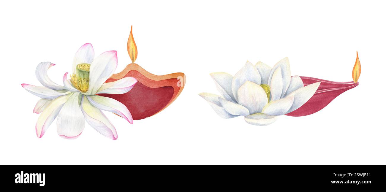 Lampada a olio Diya con fiamma gialla ardente e clip per illustrazione ad acquerello con fiore di loto bianco. Tradizionale festa Happy Deepavali. Foto Stock