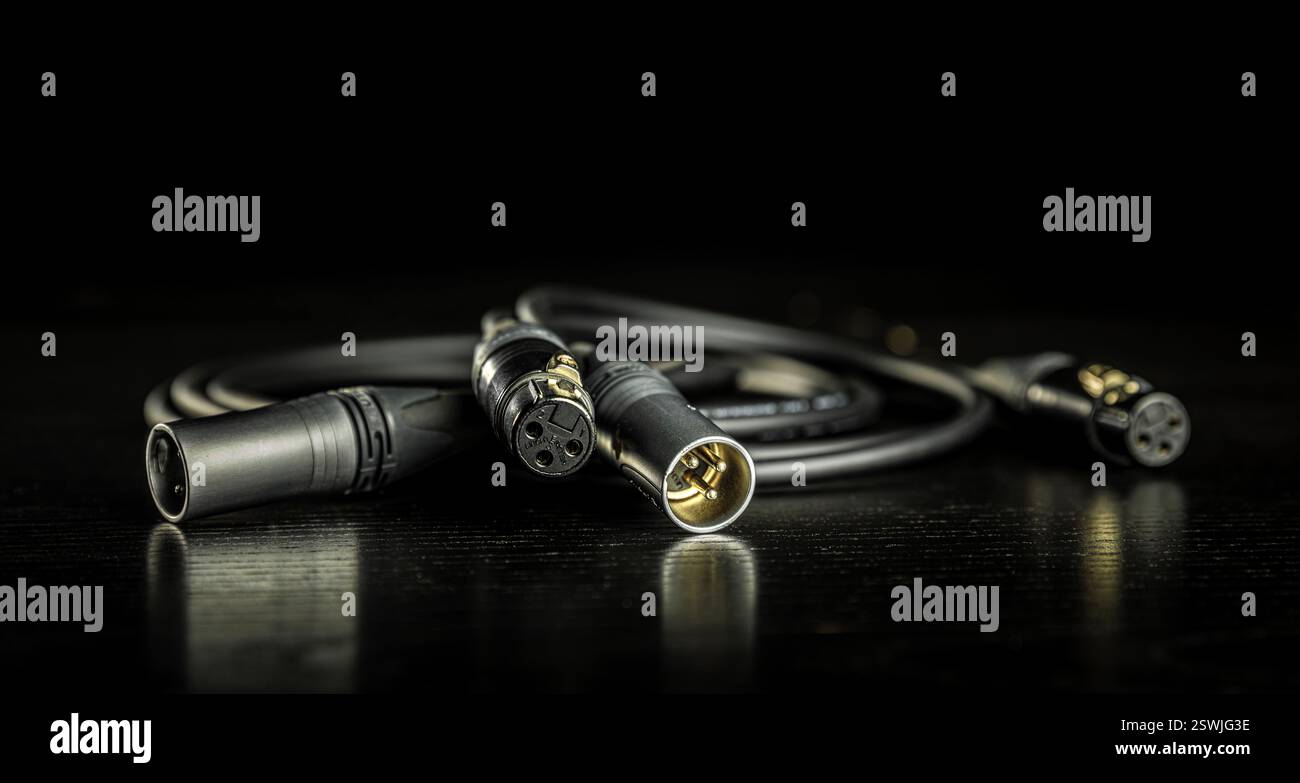 Cavi audio XLR collegati su sfondo scuro Foto Stock