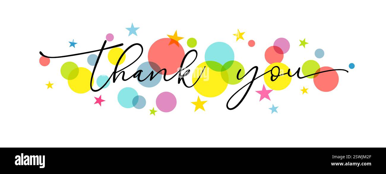 Il concetto della carta di ringraziamento. Grafica creativa grazie alla tipografia in stile manoscritto, sfondo festoso con elementi colorati. banne orizzontale decorativa Illustrazione Vettoriale